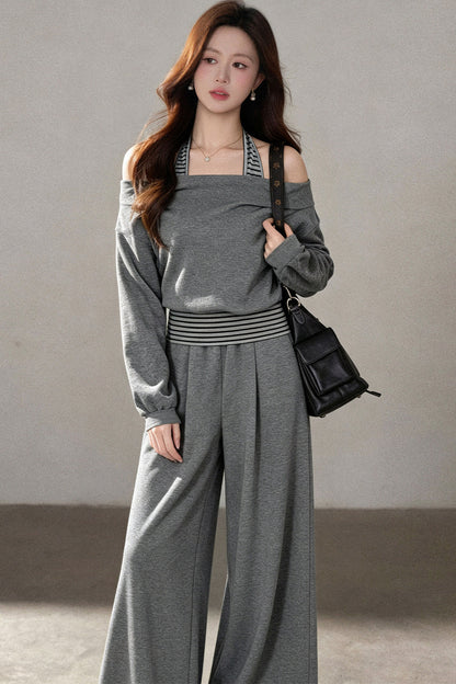 One-Shoulder Striped Sweatshirt and Wide-Leg Pants Set-Up