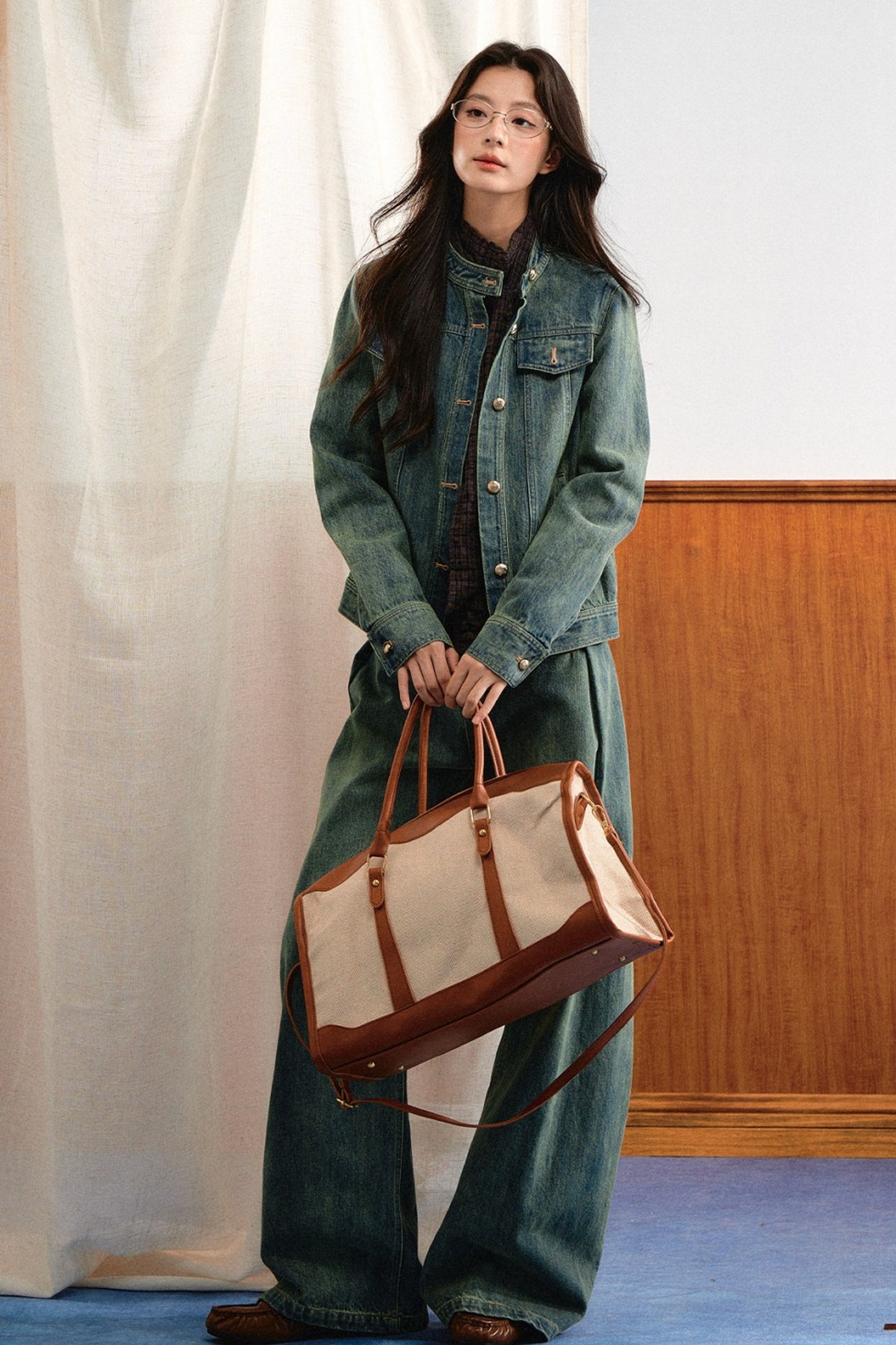 Retro Washed Denim Top and Wide-Leg Pants Set-Up
