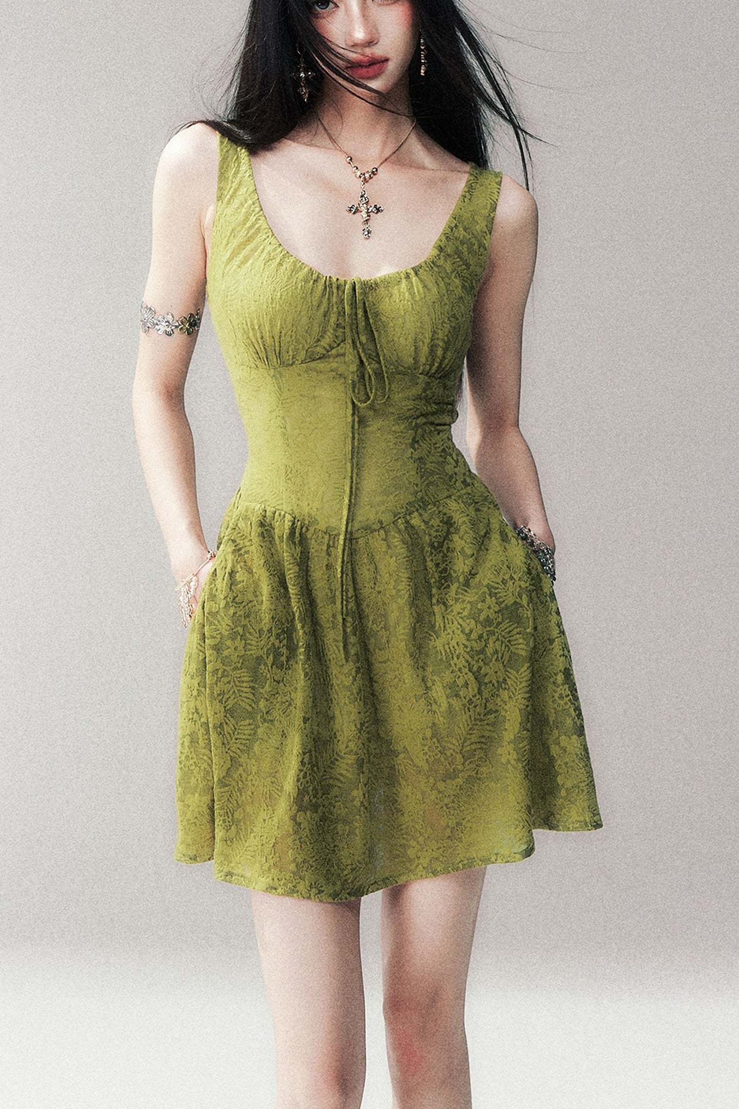 Moss Green Sleeveless Lace Dress