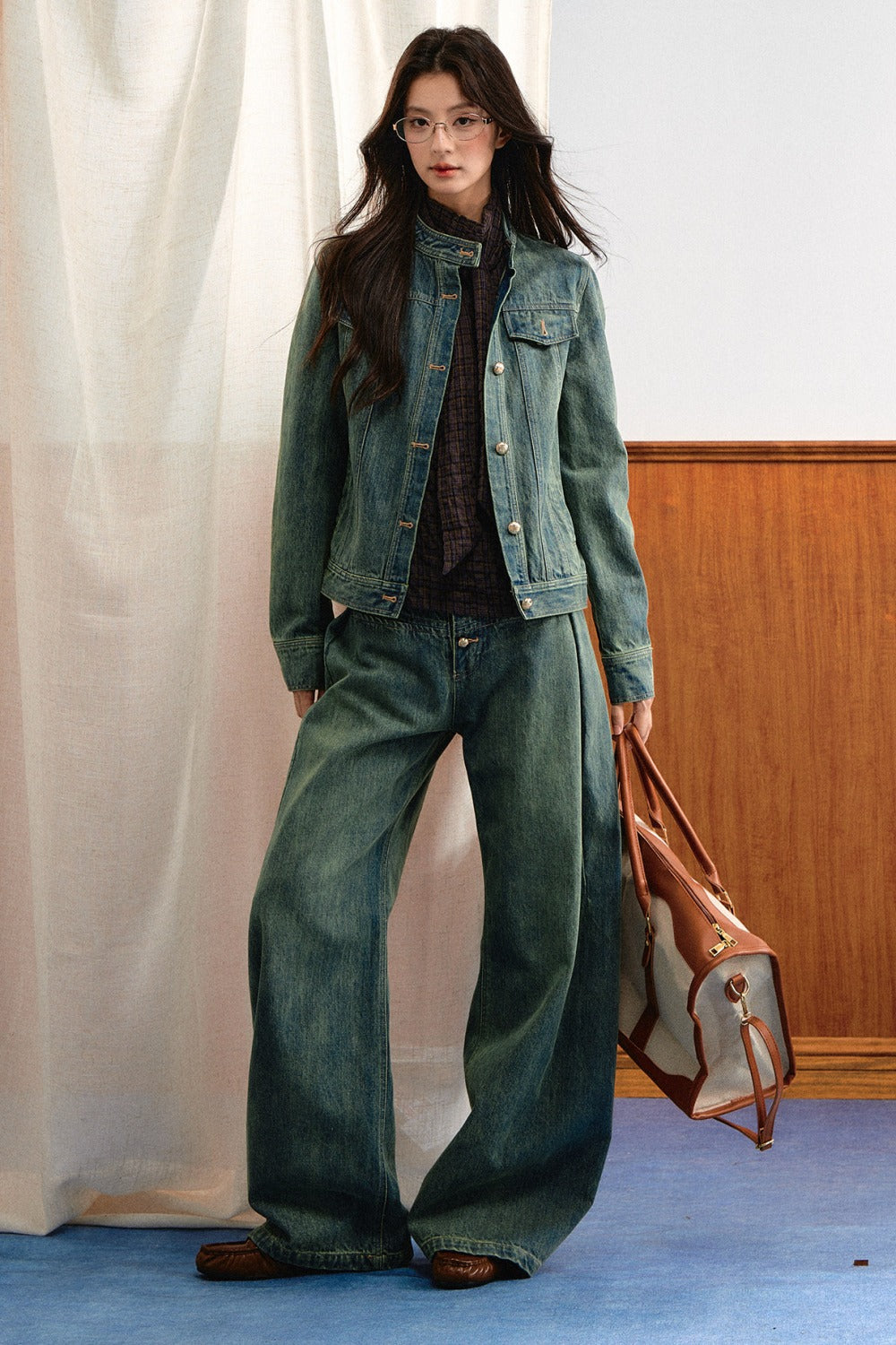 Retro Washed Denim Top and Wide-Leg Pants Set-Up