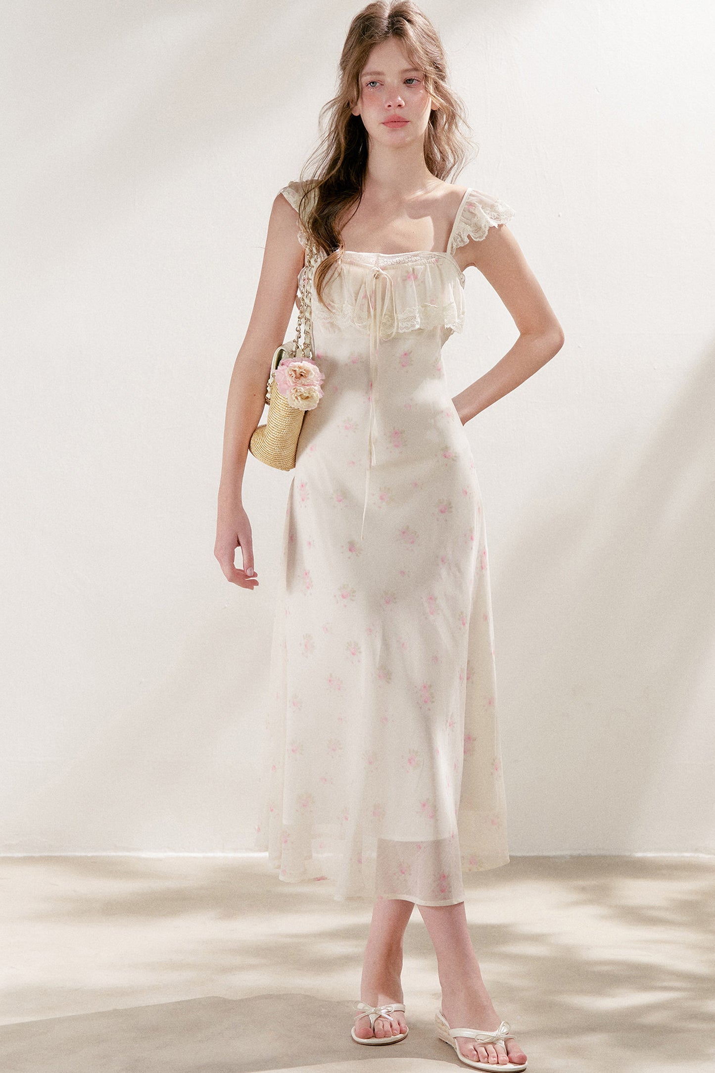 Hand-Painted Blurred Rose Print Lace Patchwork Long Dress