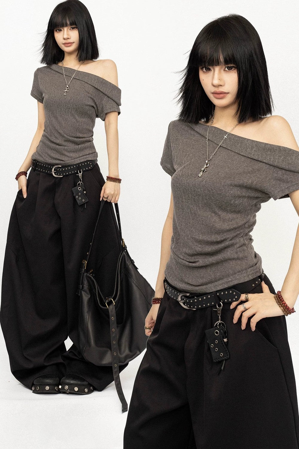 Top minimalista grigio con spalle scoperte