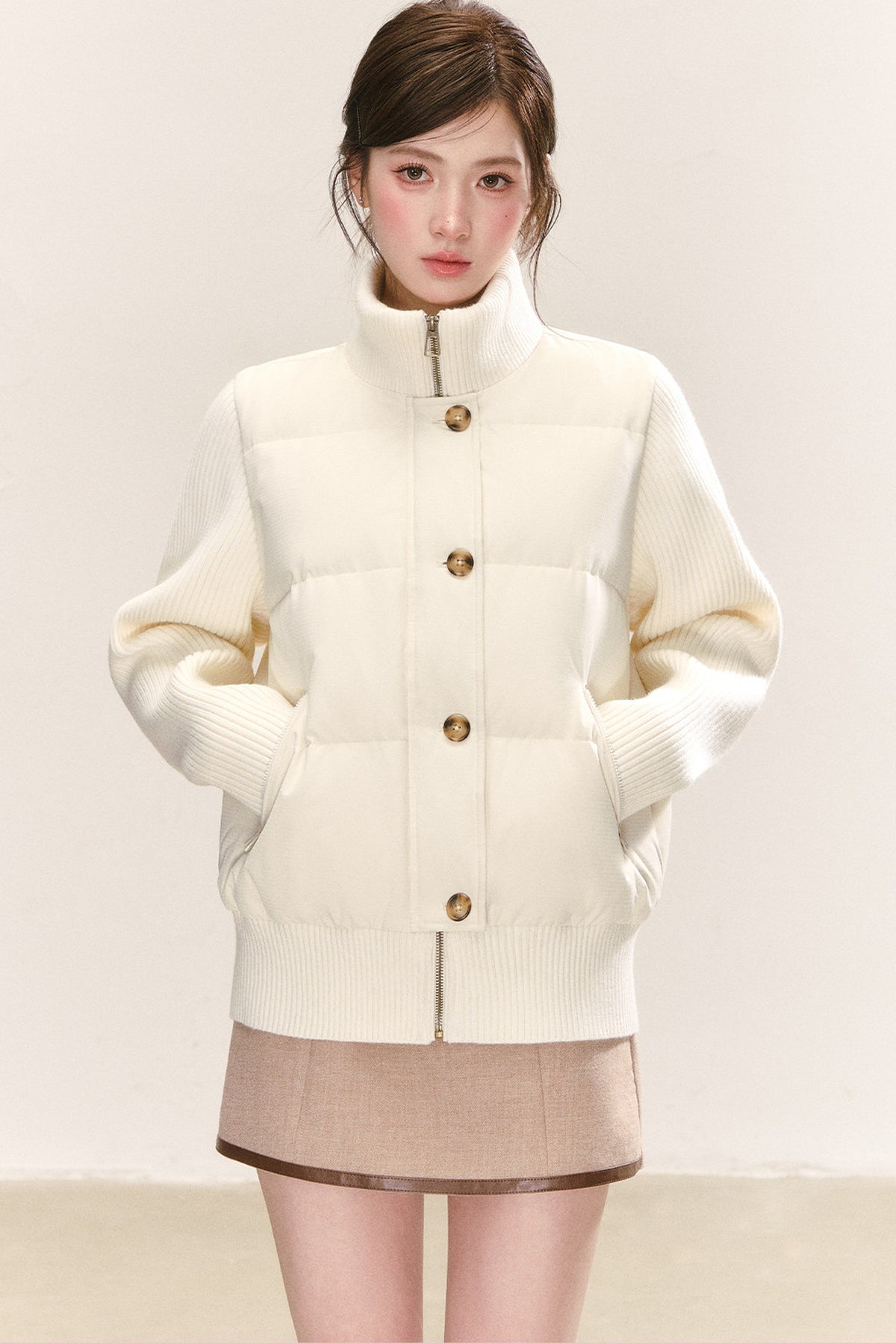 White Stand-Collar Knit Patchwork Down Jacket