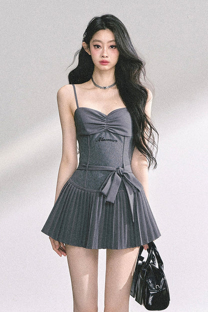 Gray Spaghetti Strap Puffy Dress