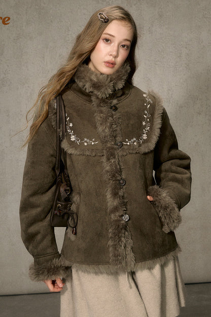 Embroidered Fur Collar Shearling Jacket