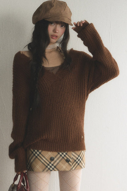 Brown V-Neck Ribbed Pullover