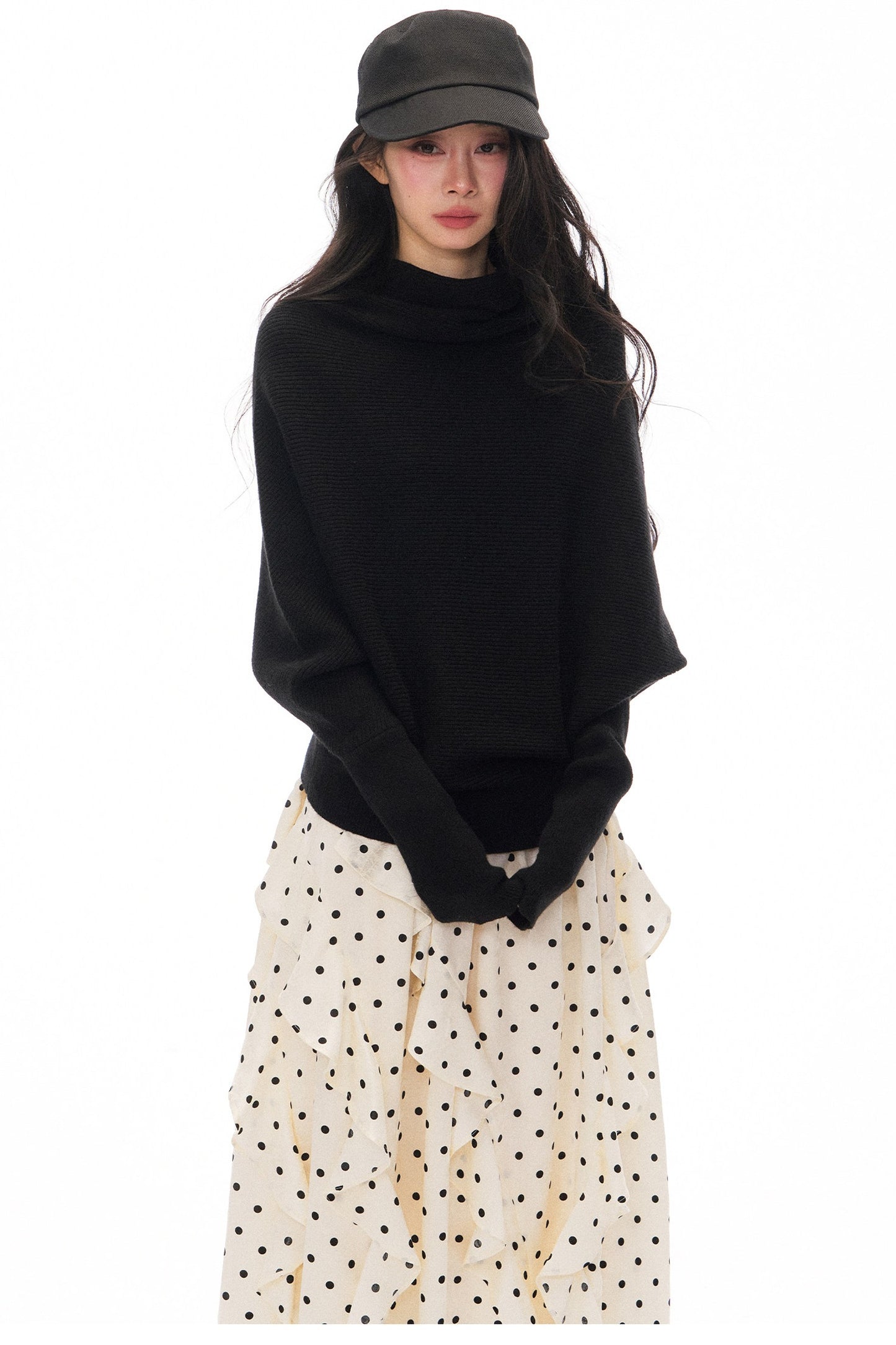 Batwing Knit Top and Polka Long Skirt Set-Up
