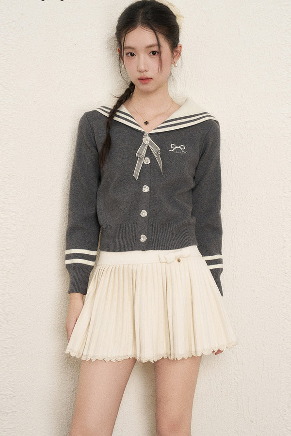 Bow Sailor Collar Knit Cardigan Set-Up