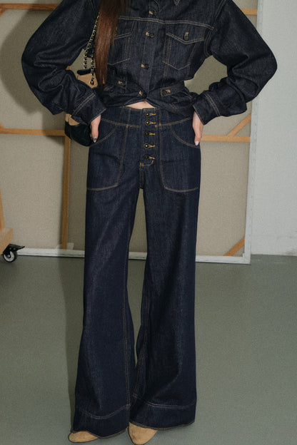 Waist-Cinching Denim Shirt and Flared Jeans Set-Up