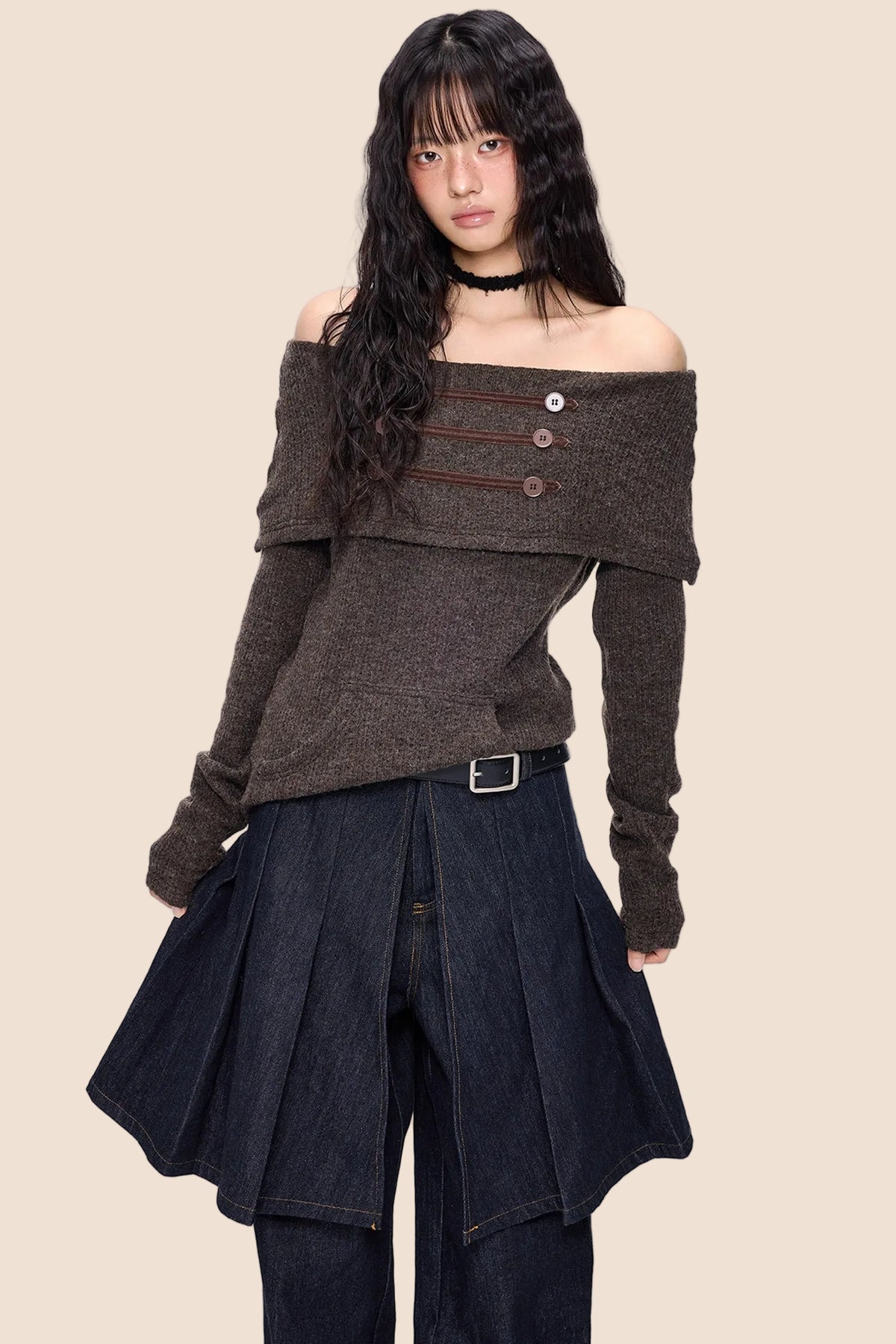 Button Off-Shoulder Knit Top