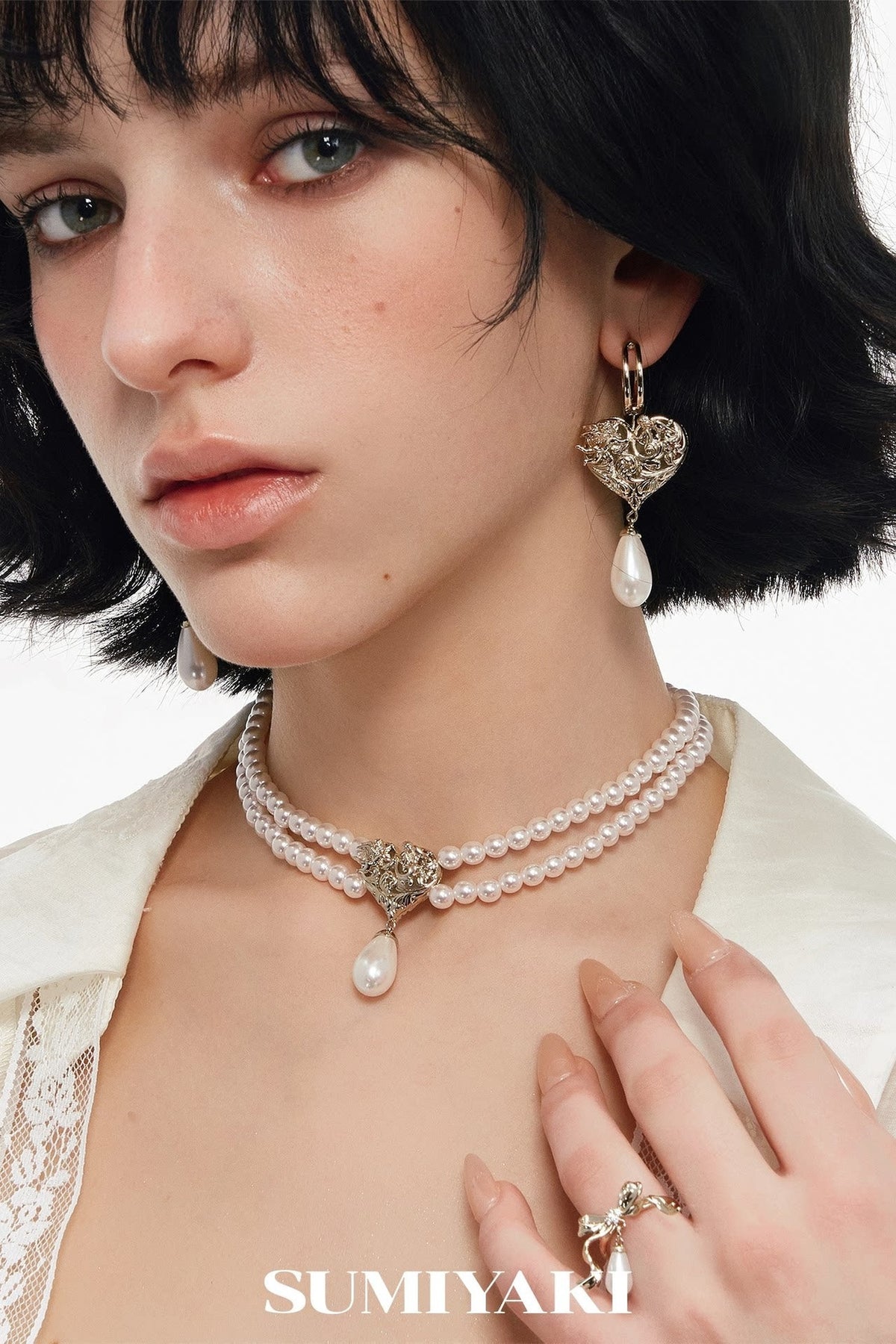 Double Layer Embossed Heart Pearl Necklace