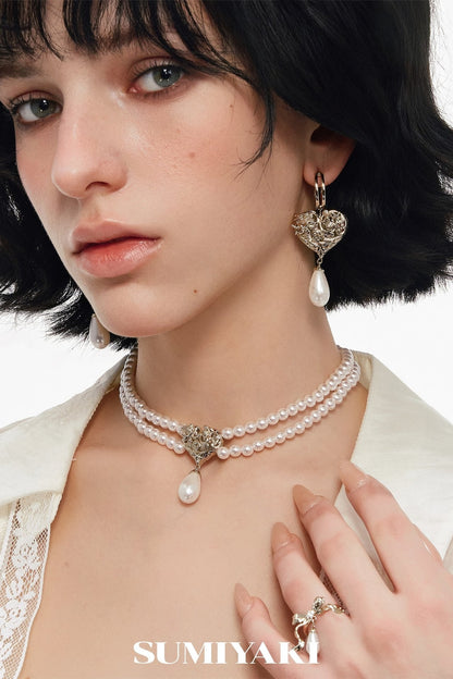 Double Layer Embossed Heart Pearl Necklace
