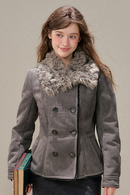 Double-Breasted Fur Collar Jacket