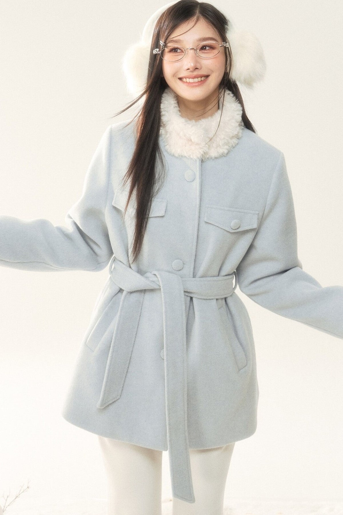Woolen Fur Collar Tie-Up Jacket and Pants Set-Up