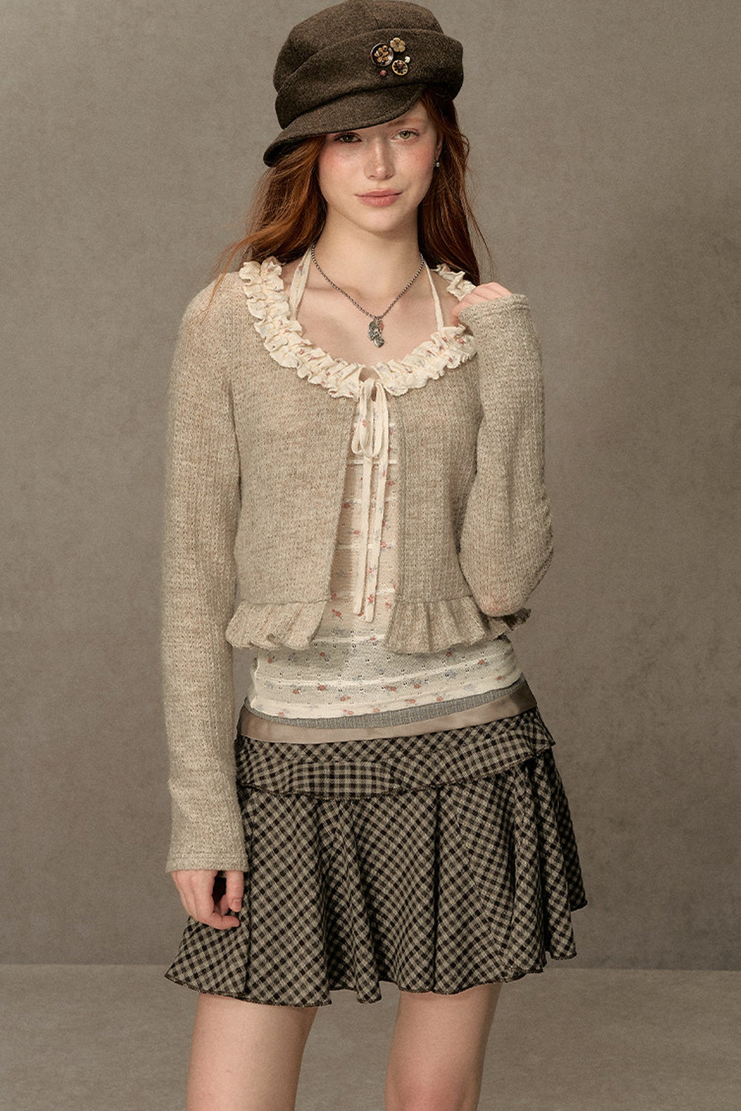 Ruffled Knit Cardigan With Camisole