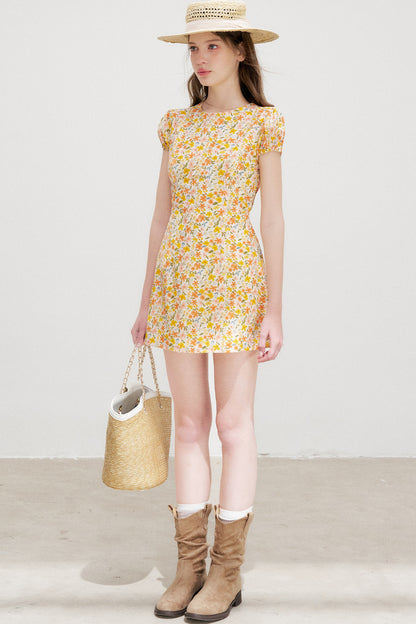 Warm Floral Puff Sleeve Dress