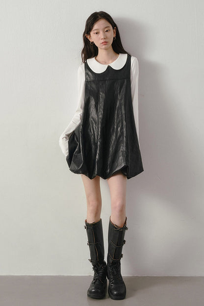 Black Leather-Like Peter Pan Dress