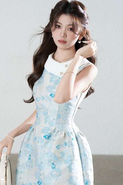 Blue Floral Jacquard Sleeveless Dress