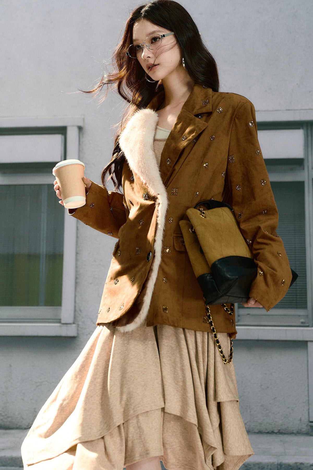 Beaded Suede Detachable Fur Collar Jacket