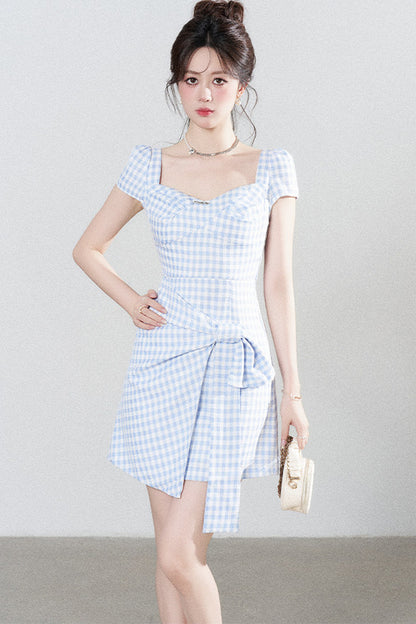 Blue Plaid Square Neck Irregular Dress