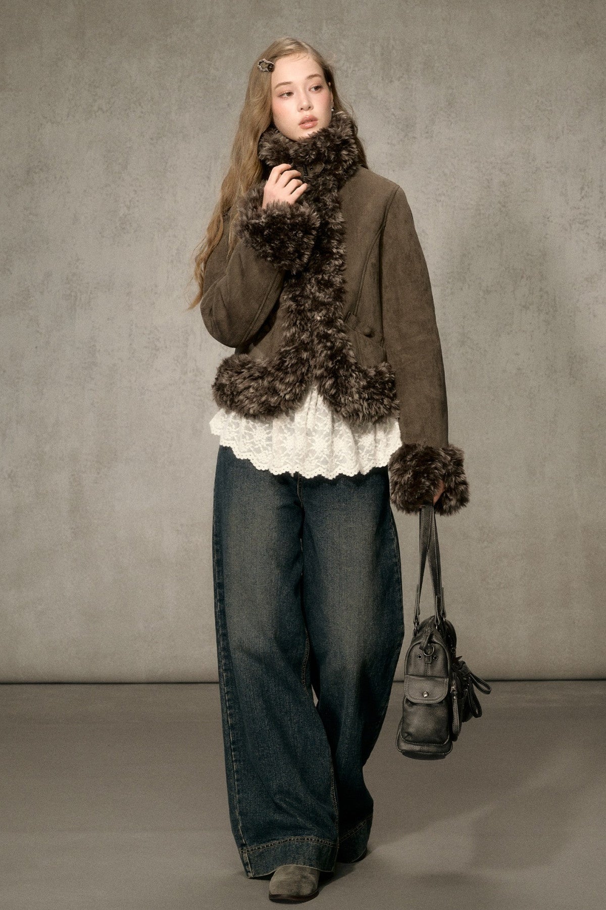 Faux Suede Short Fuzzy Collar Jacket