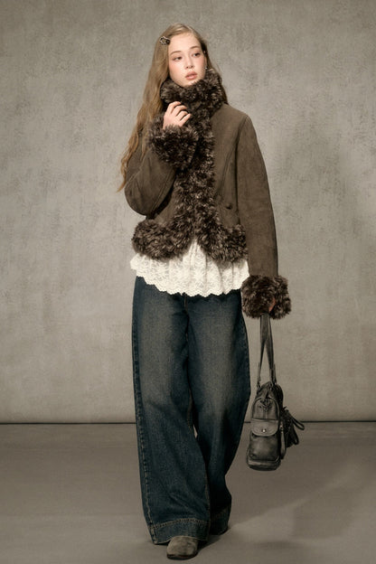 Faux Suede Short Fuzzy Collar Jacket