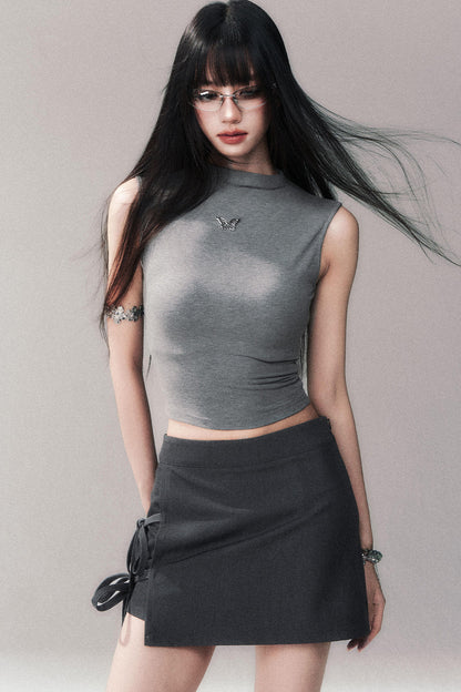 Gray A-Line Tie-Up Skirt Pants