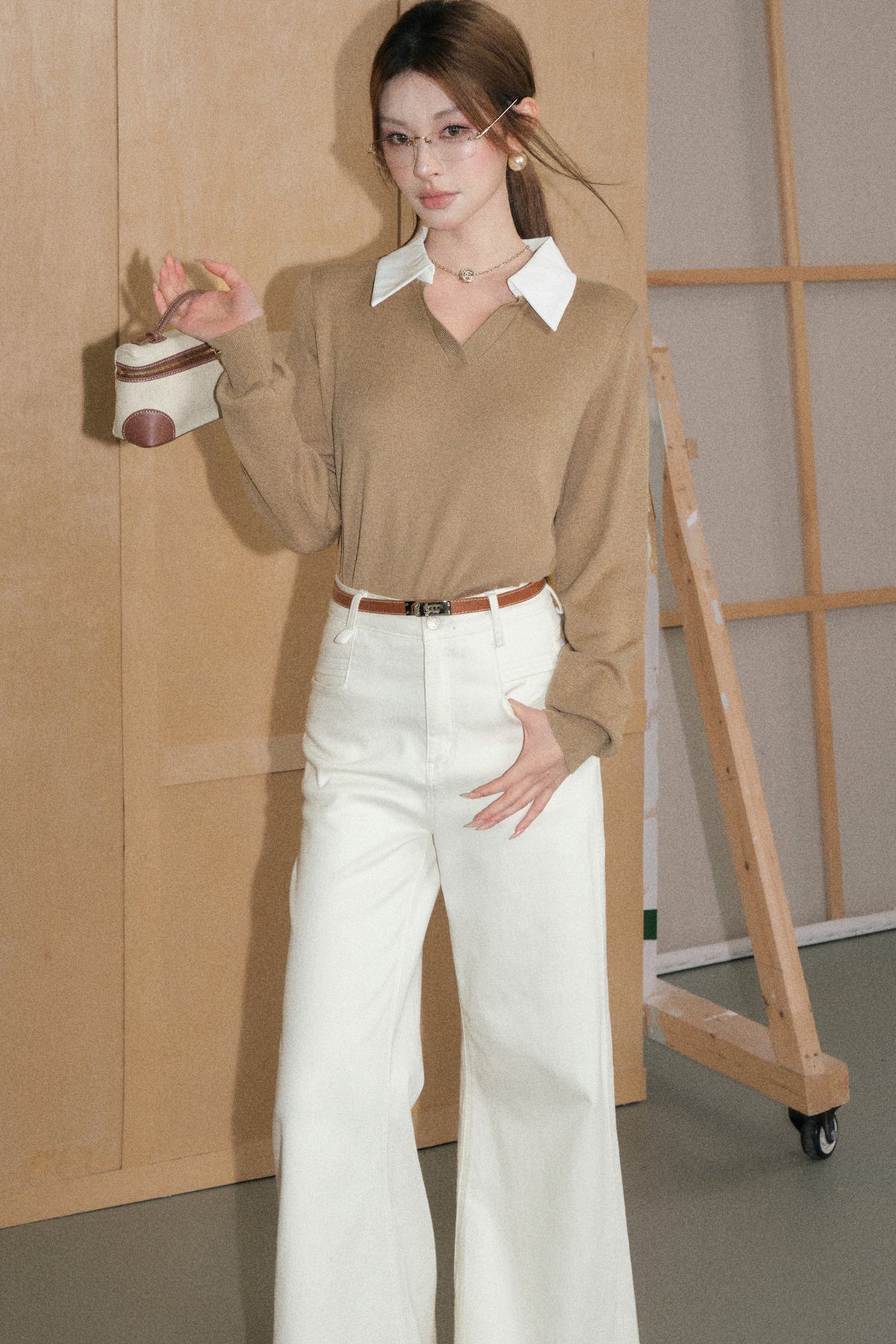 Light Camel Lapel Knit Top and White Pants Set-Up