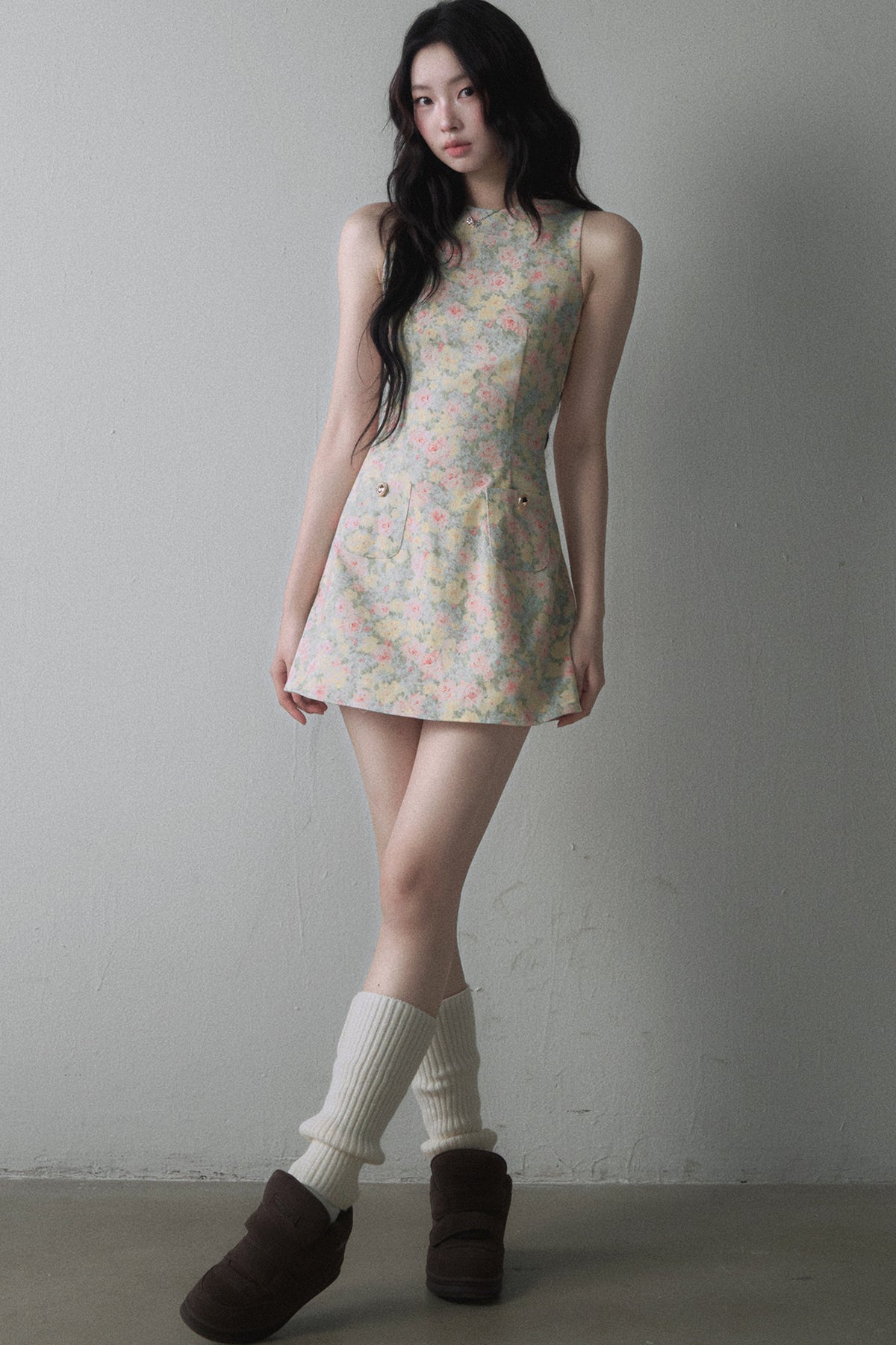 Pink Yellow Floral Sleeveless Vest Dress