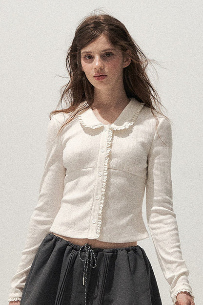 Doll Collar Textured Hollow Floral Cardigan