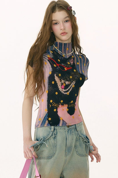 Pleated Cat Print Blouse