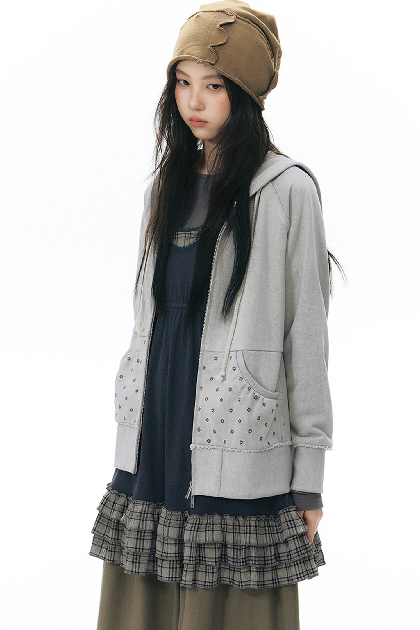 Distressed Floral Print Hooded Open Front Jacket