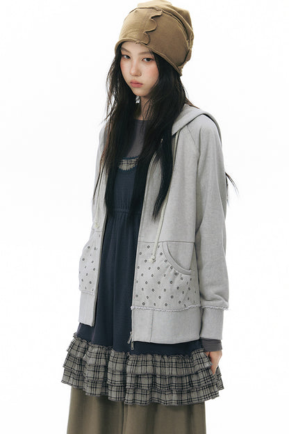 Distressed Floral Print Hooded Open Front Jacket