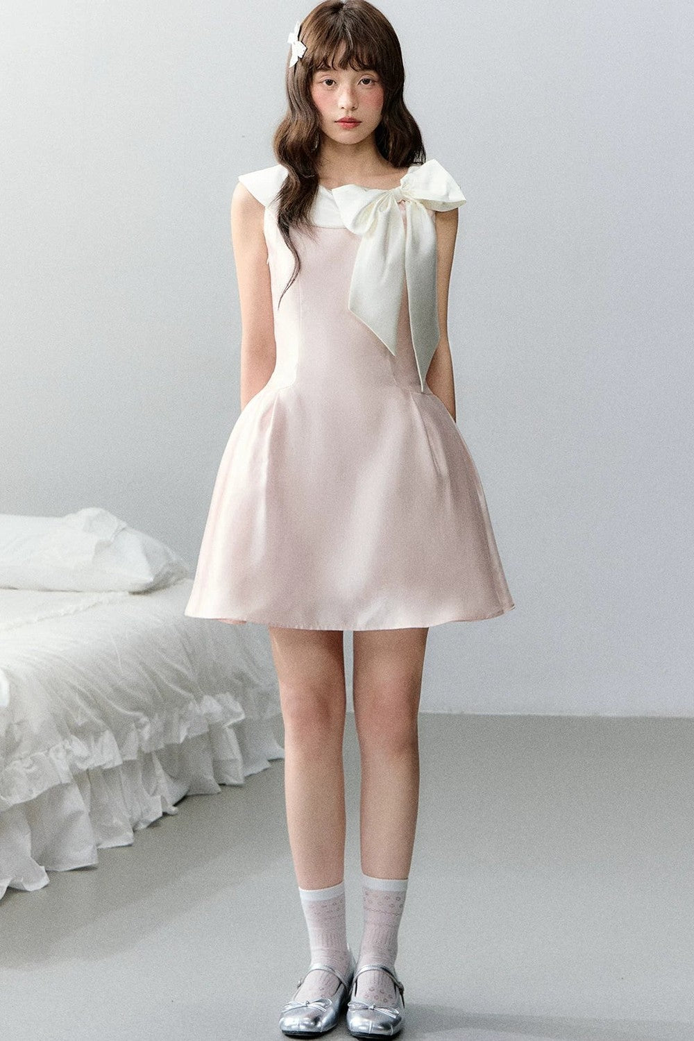 Pink Satin Polka Dot Bow Dress