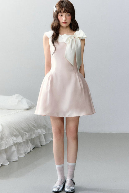 Pink Satin Polka Dot Bow Dress