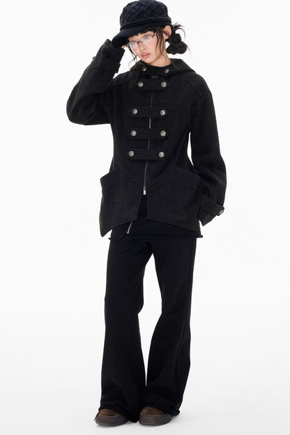 Woolen Hooded Irregular Hem Jacket