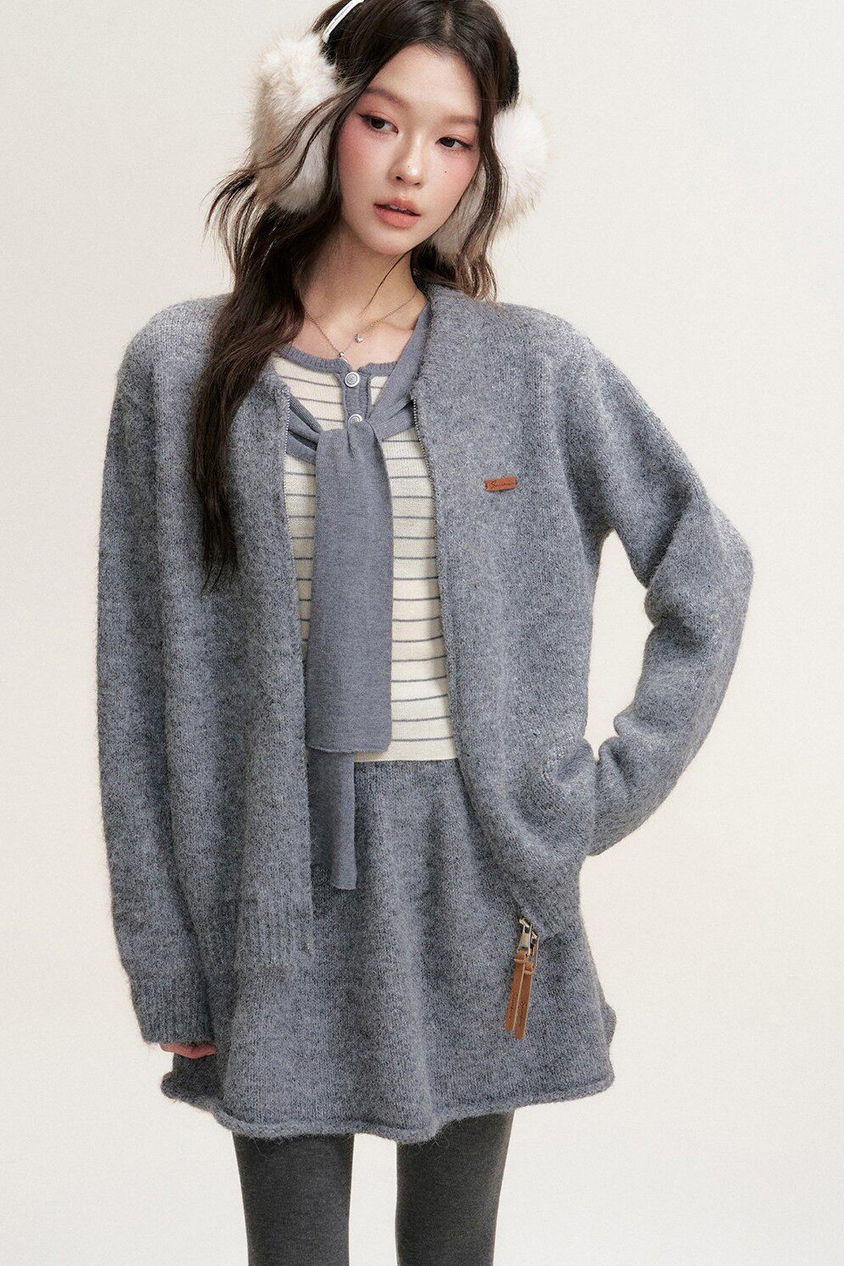 Striped Shawl Collar Long Sleeve Knit Sweater