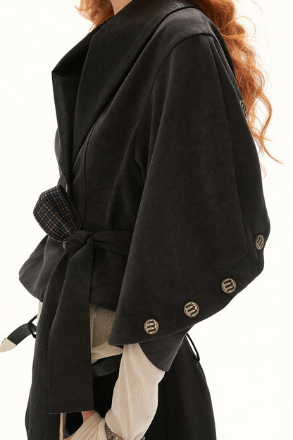 Plaid Suede-Like Leather Patchwork Cinched Waist Jacket