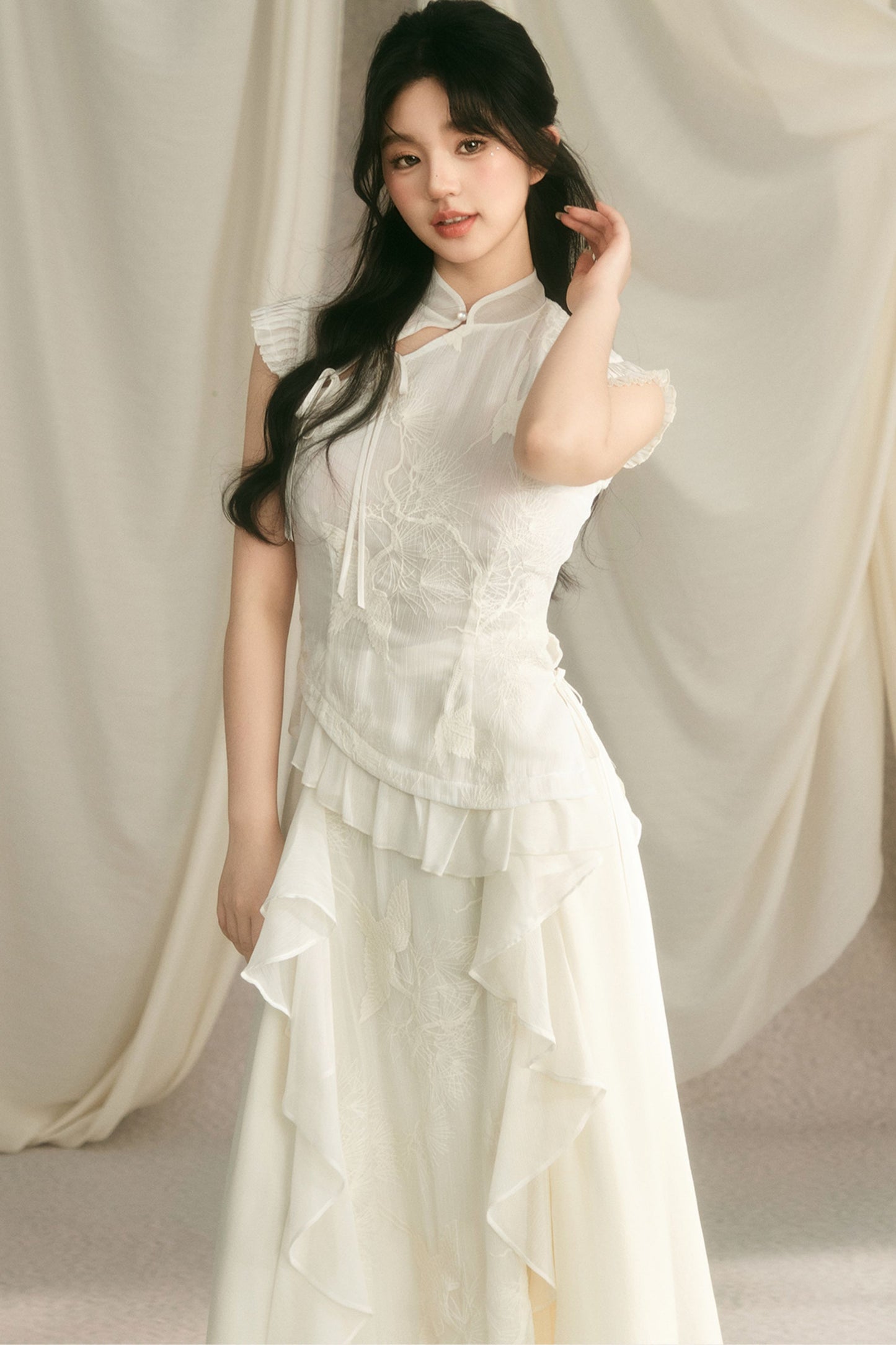 Embroidered Cheongsam Top and Ruffled Skirt Set-Up