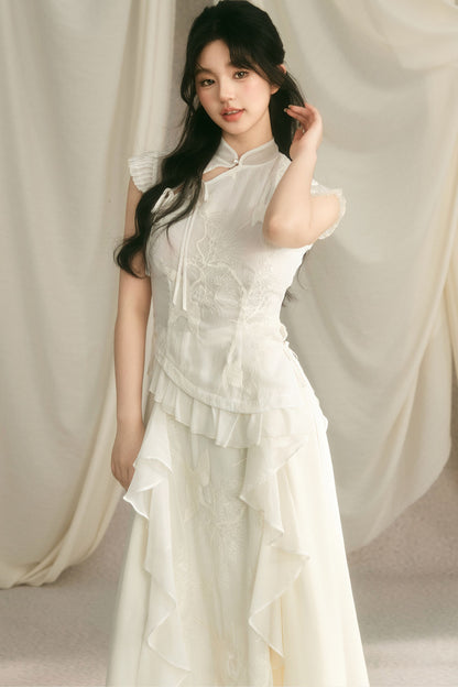 Embroidered Cheongsam Top and Ruffled Skirt Set-Up