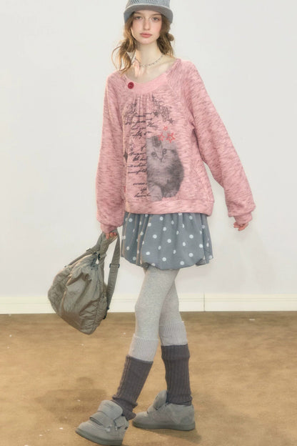 Distressed Cat Print Sweatshirt