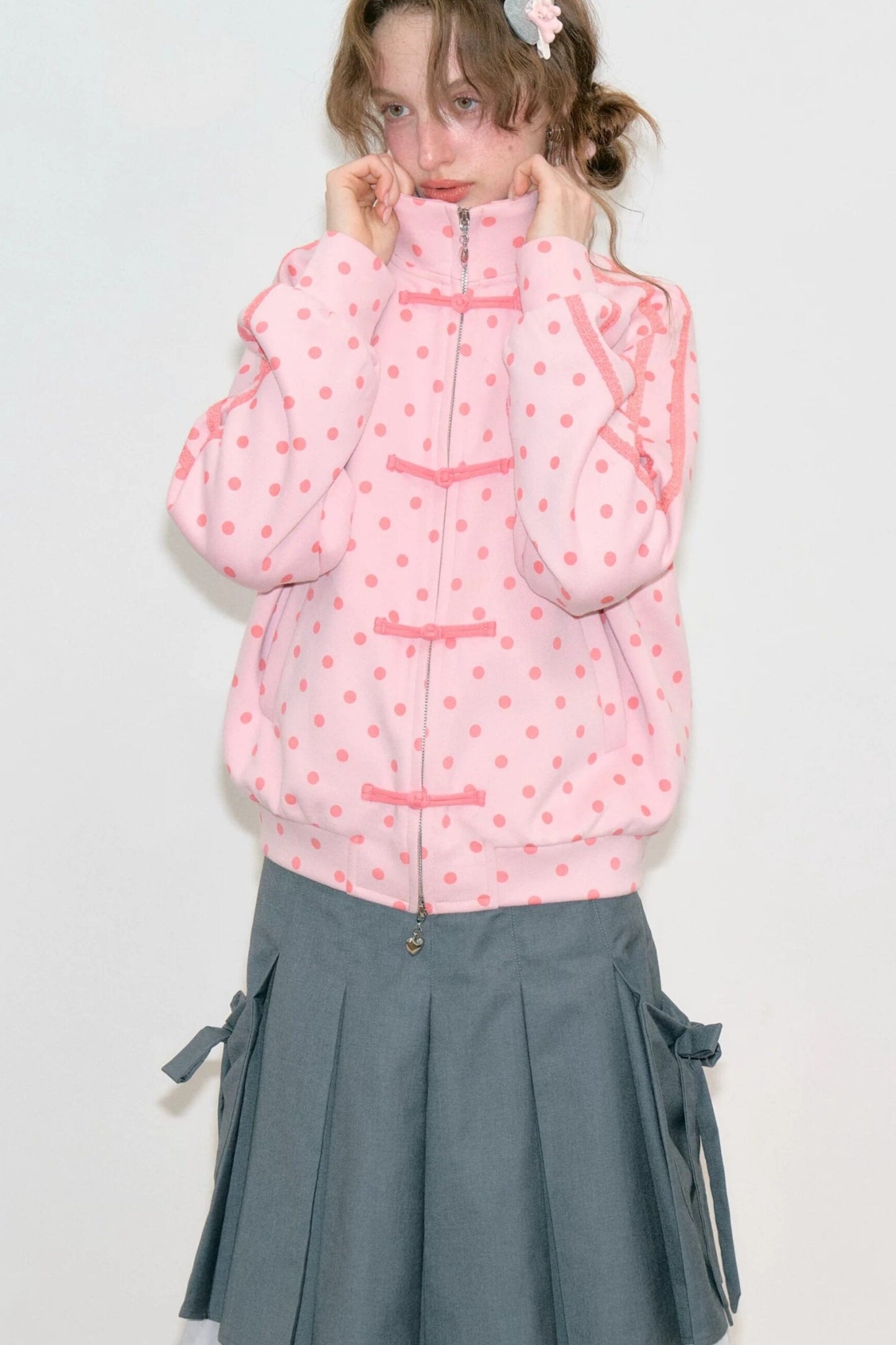 Blue Polka Dot Zipper Hoodie Jacket