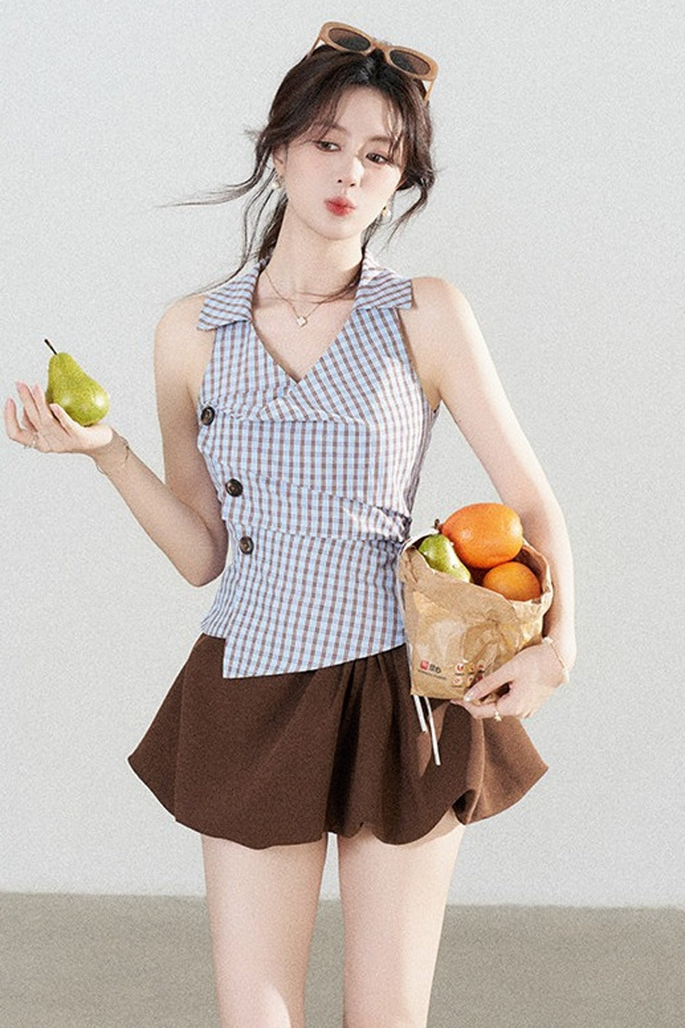 Blue Plaid Sleeveless Halter Shirt and Irregular Hem Skirt Set-Up