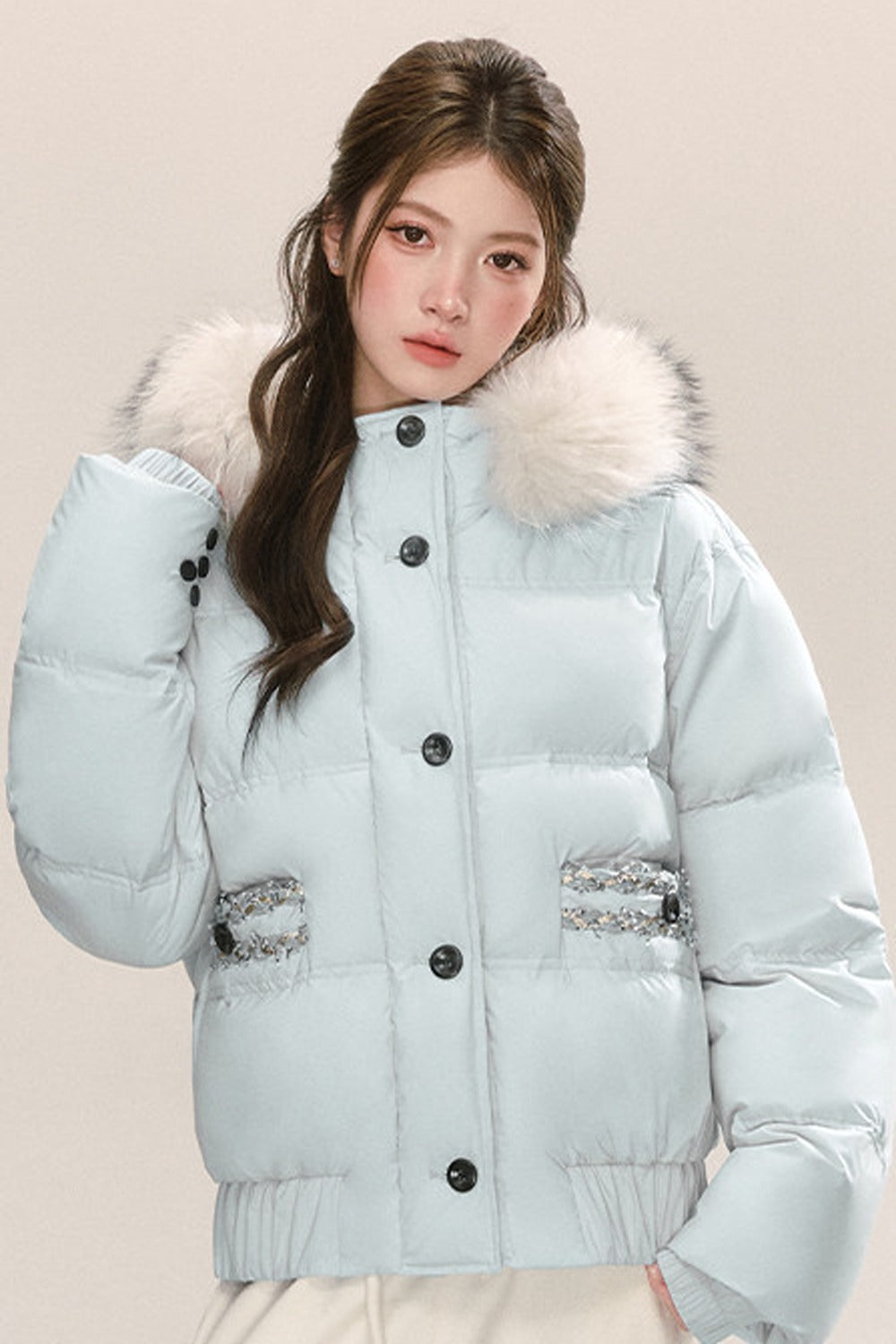 Little Raccoon Fur Collar Hooded Down Jacket