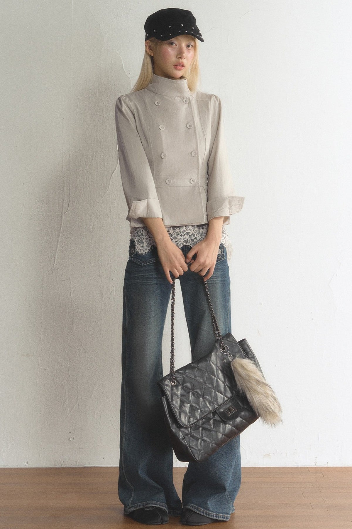 Stand Collar Double-Breasted Ruffled Hem Jacket