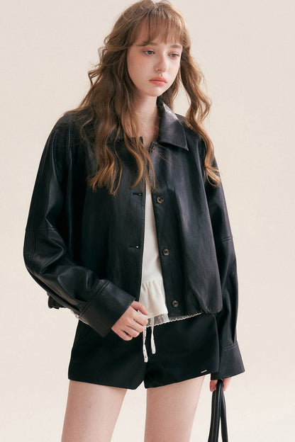 Pleated Drop Shoulder Pu Leather Jacket