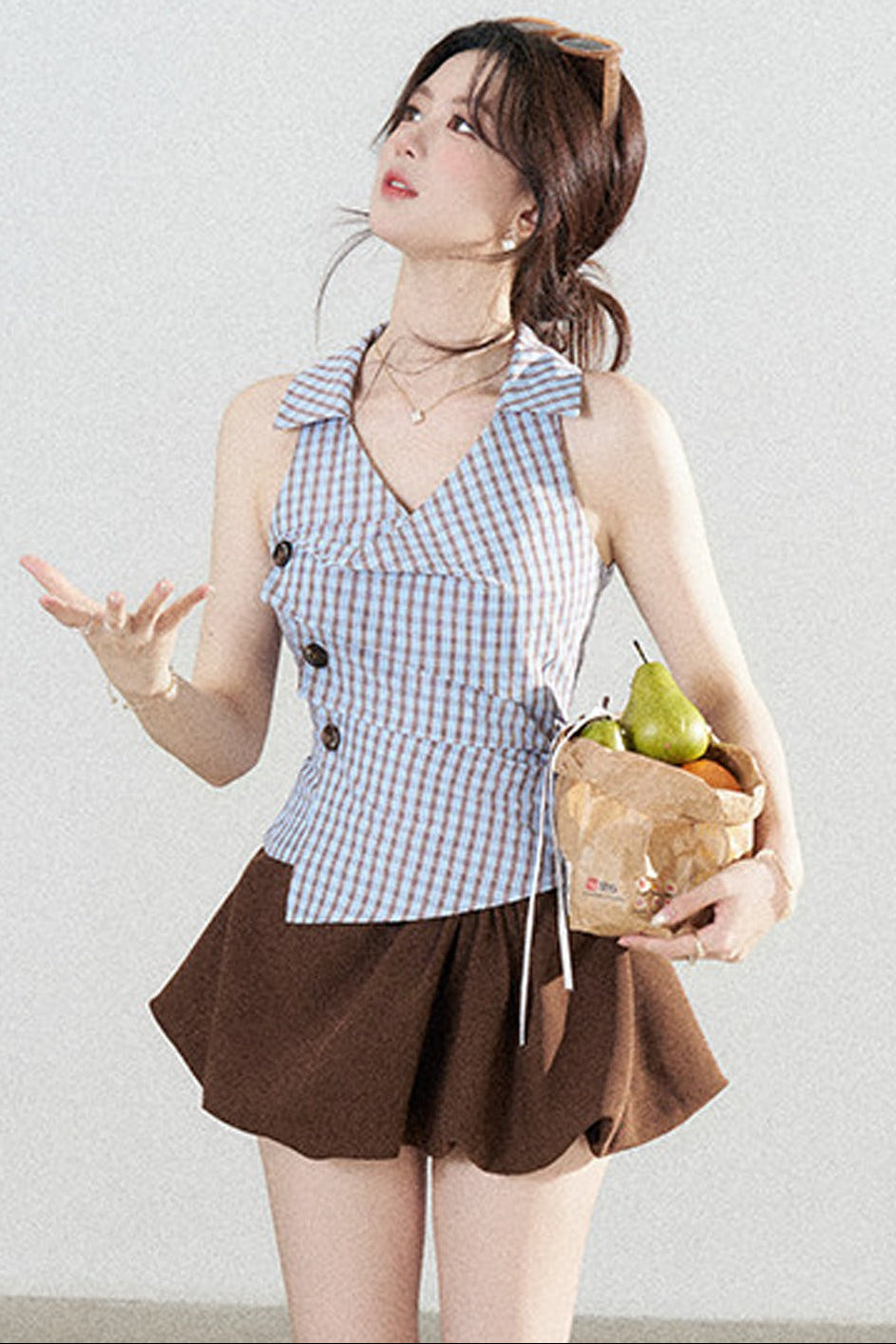 Blue Plaid Sleeveless Halter Shirt and Irregular Hem Skirt Set-Up