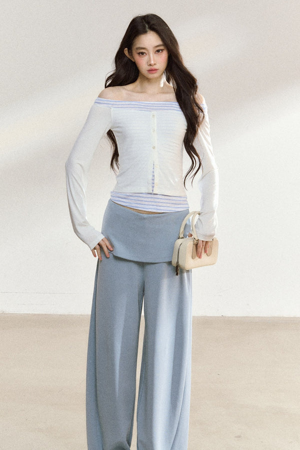 Conjunto de top de manga larga con hombros descubiertos y pantalones anchos