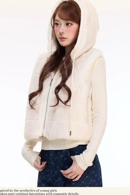 Hooded Faux Fur Vest and Wide-Leg Denim Pants Set-Up