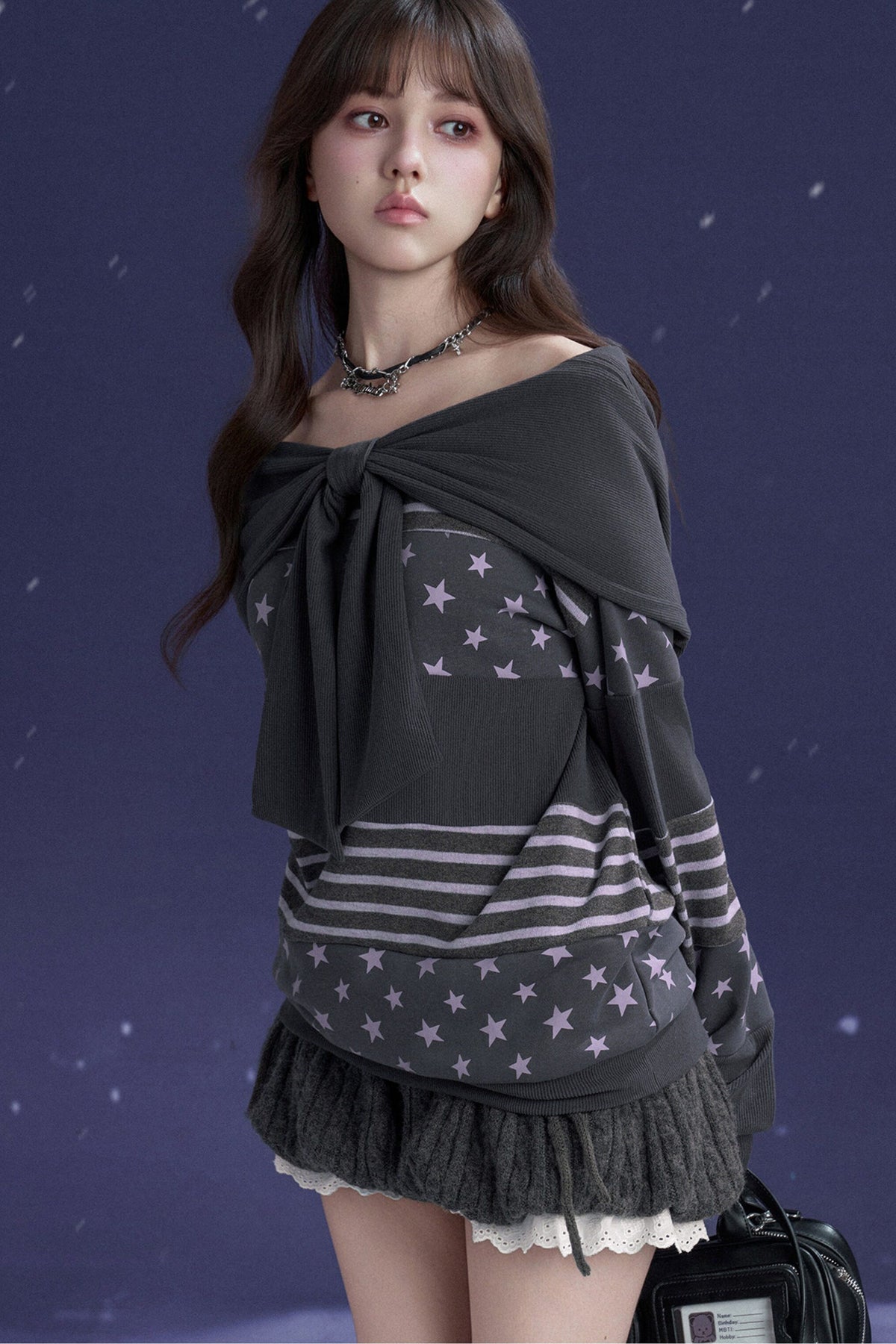 Star Patchwork Bowknot One-Shoulder Hooded Sweatshirt